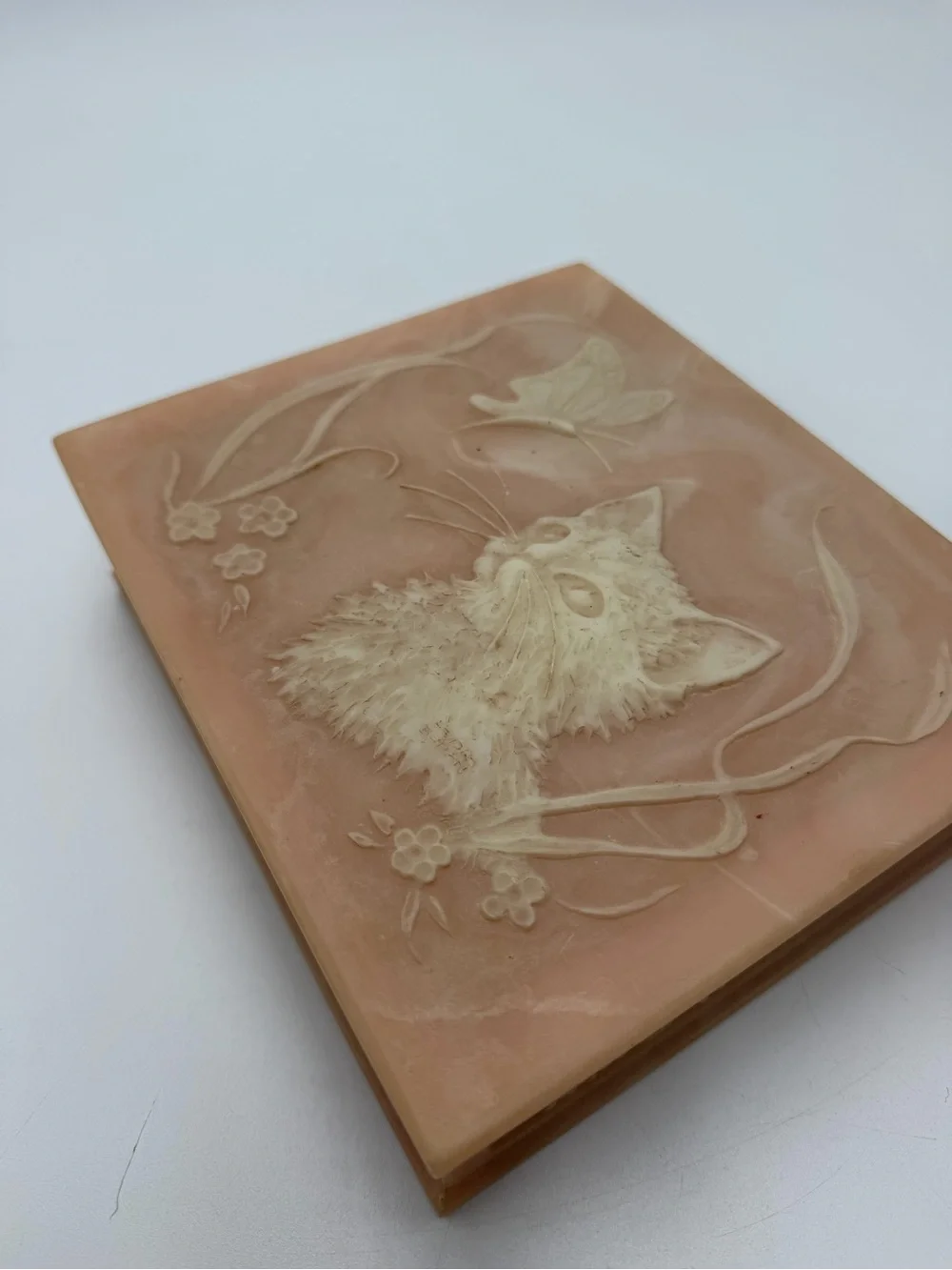 VTG Large Incolay Stone Jewelry Box Pink Cat Kitten Butterfly Lenore Beran HTF